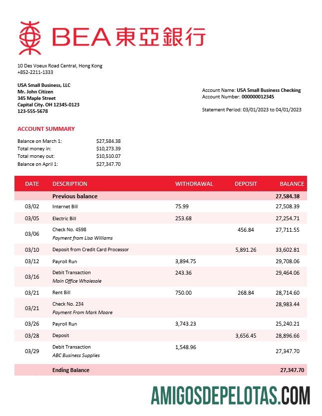 Imprimível Bank Of East Asia Firm modelo de extrato de conta Word e PDF